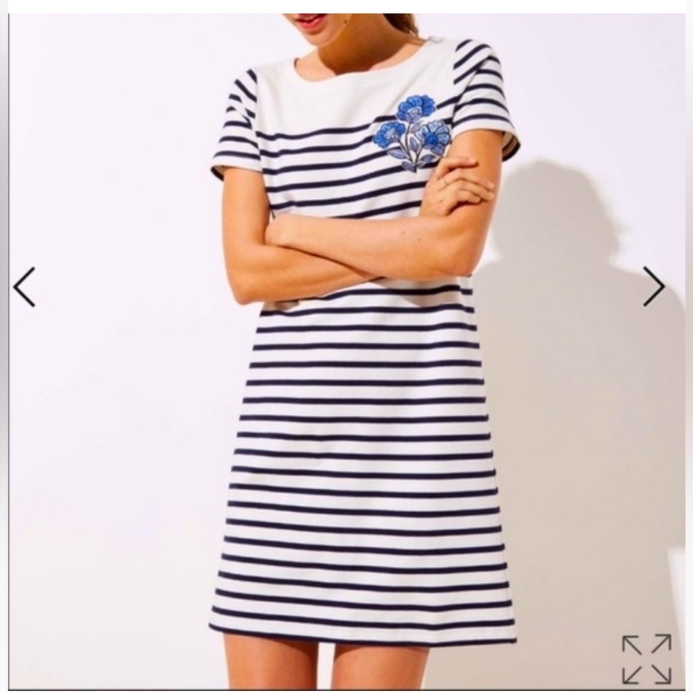 LOFT Navy & White Striped Midi Dress with Embroidered Blue Flowers
